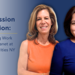 The image features two women, Pat and Janet, smiling confidently, with a caption highlighting their work at Catholic Charities NY. The woman on the left, Pat, is wearing an orange sleeveless top, and the woman on the right, Janet, is dressed in a professional blue outfit with a patterned blouse underneath. The background fades from light blue to a darker blue, and to the left of the women, bold text reads, "Compassion in Action: The Inspiring Work of Pat and Janet at Catholic Charities NY." A yellow line separates the title from the description, and the overall design conveys professionalism and admiration for their contributions to the organization.