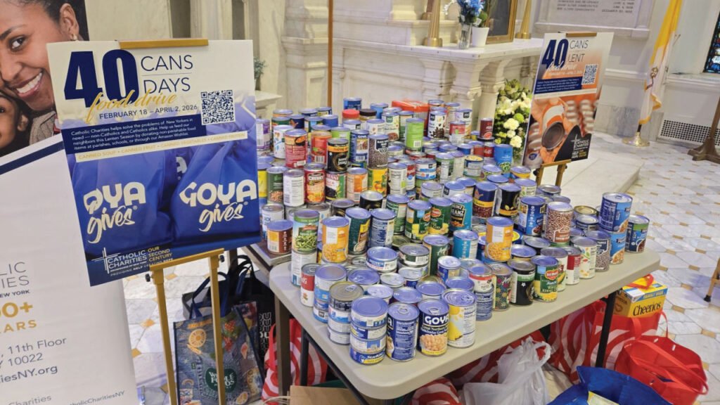 Parishioners’ donated cans of food displayed at Saint Peter’s/Our Lady of Victory during the 40 Cans for 40 Days Lenten food drive.